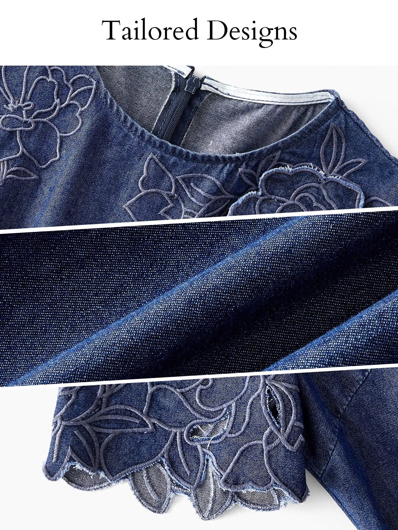 PREMIUM Womens Floral Embroidery Round Neck Short Sleeve Casual Denim Dress