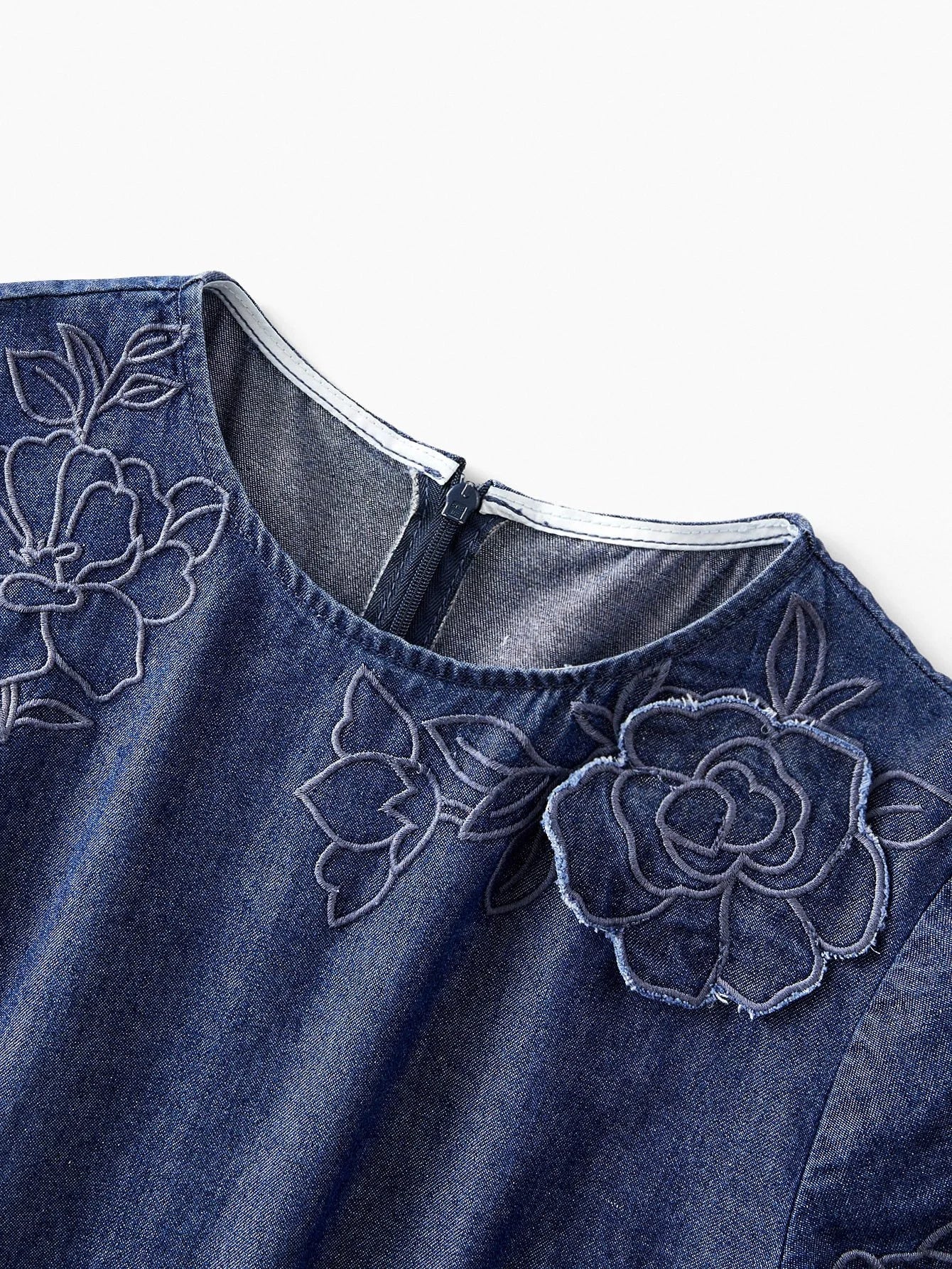 PREMIUM Womens Floral Embroidery Round Neck Short Sleeve Casual Denim Dress