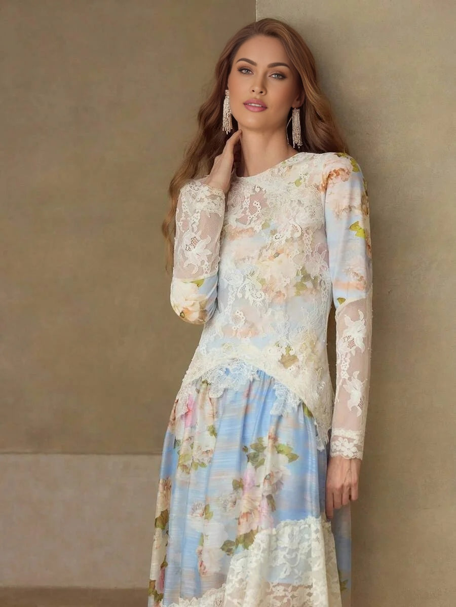 PREMIUM WOMENS FLORAL LACE SPLICE ASYMMETRIC HEM ELEGANT ROMANTIC MIDLENGTH DRESS