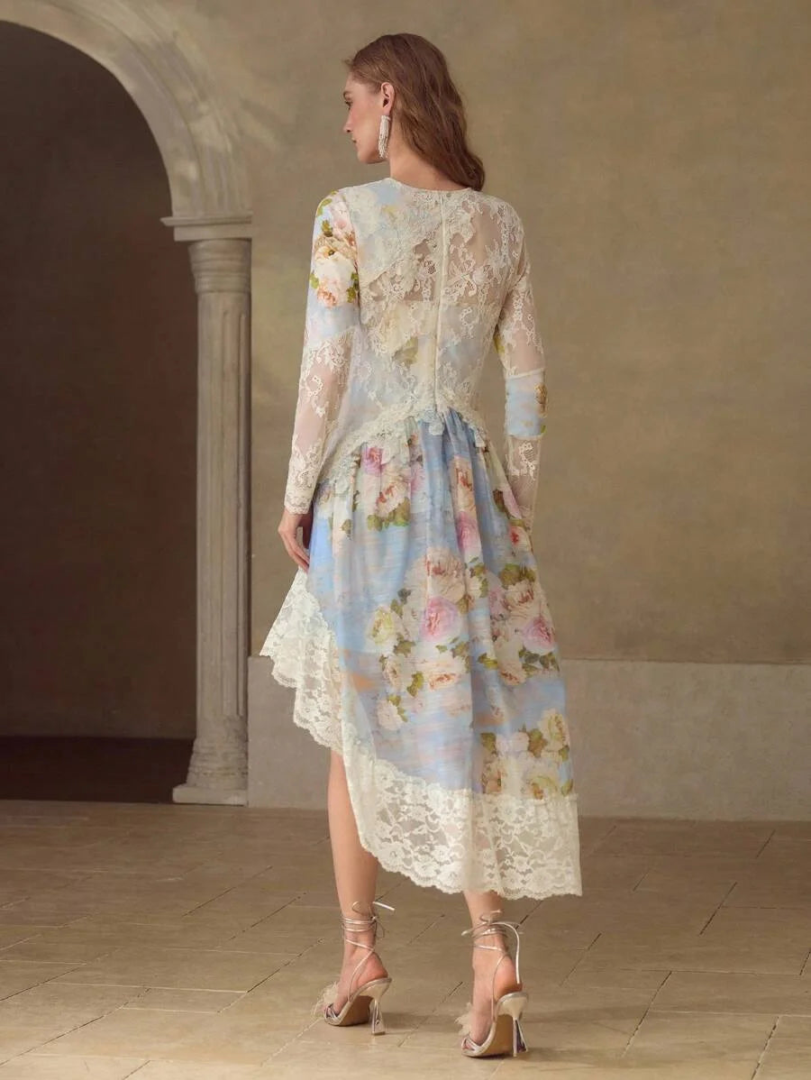 PREMIUM WOMENS FLORAL LACE SPLICE ASYMMETRIC HEM ELEGANT ROMANTIC MIDLENGTH DRESS