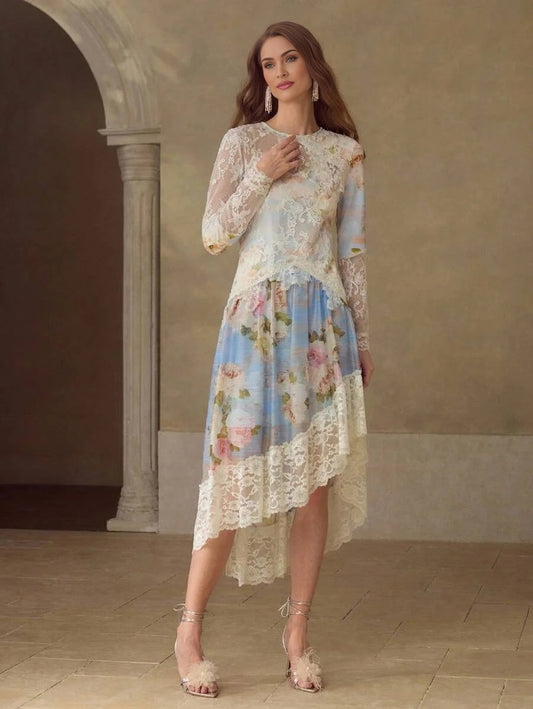 PREMIUM WOMENS FLORAL LACE SPLICE ASYMMETRIC HEM ELEGANT ROMANTIC MIDLENGTH DRESS