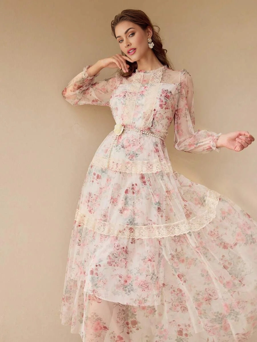 PREMIUM WOMENS FLORAL PRINT MESH amp LACE LONG SLEEVE DRESSSPRINGSUMMER