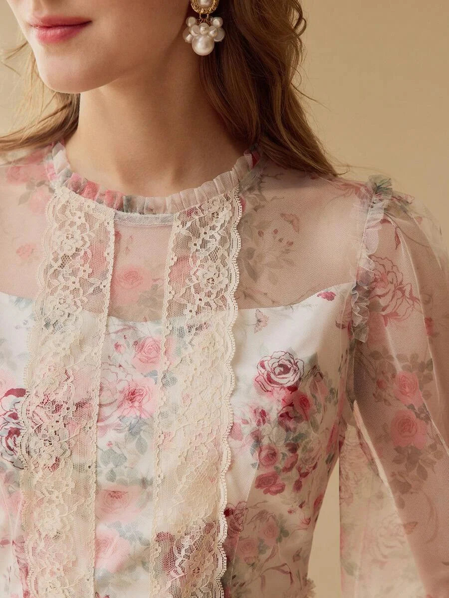 PREMIUM WOMENS FLORAL PRINT MESH amp LACE LONG SLEEVE DRESSSPRINGSUMMER