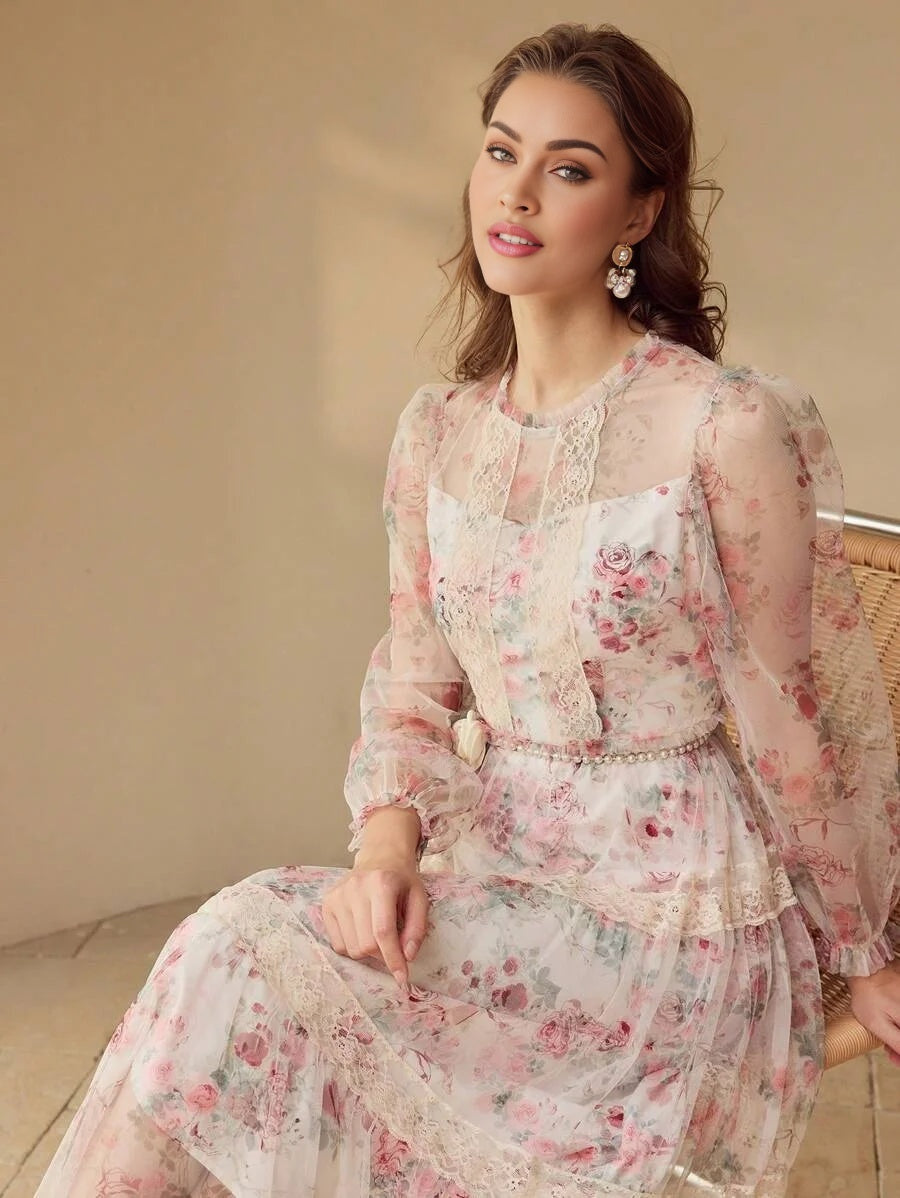 PREMIUM WOMENS FLORAL PRINT MESH amp LACE LONG SLEEVE DRESSSPRINGSUMMER