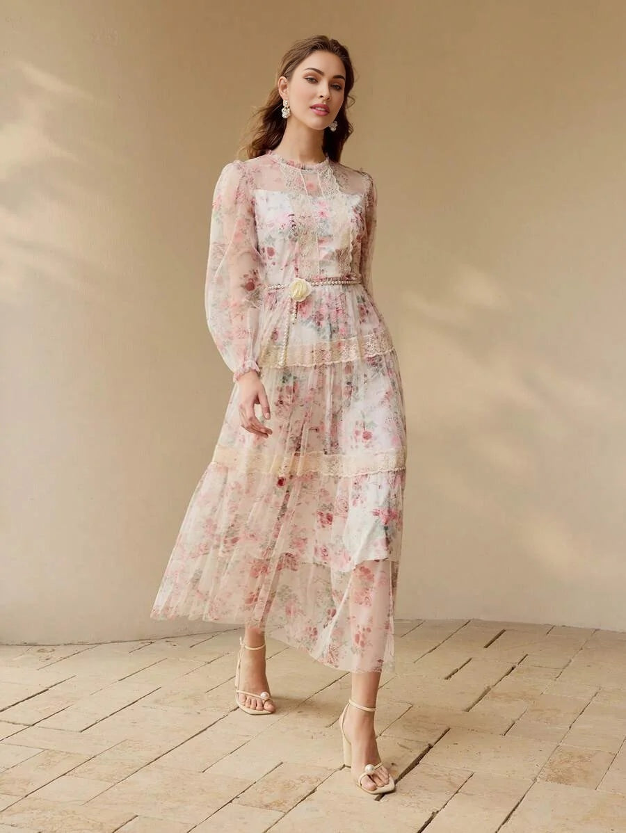 PREMIUM WOMENS FLORAL PRINT MESH amp LACE LONG SLEEVE DRESSSPRINGSUMMER