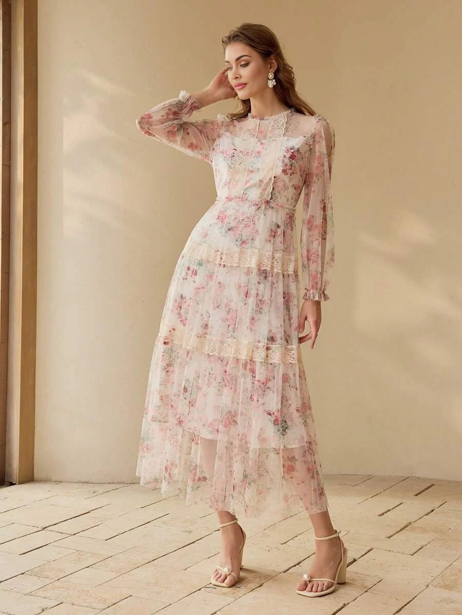 PREMIUM WOMENS FLORAL PRINT MESH amp LACE LONG SLEEVE DRESSSPRINGSUMMER