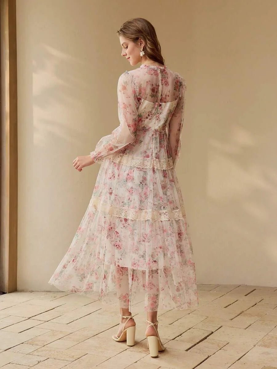 PREMIUM WOMENS FLORAL PRINT MESH amp LACE LONG SLEEVE DRESSSPRINGSUMMER
