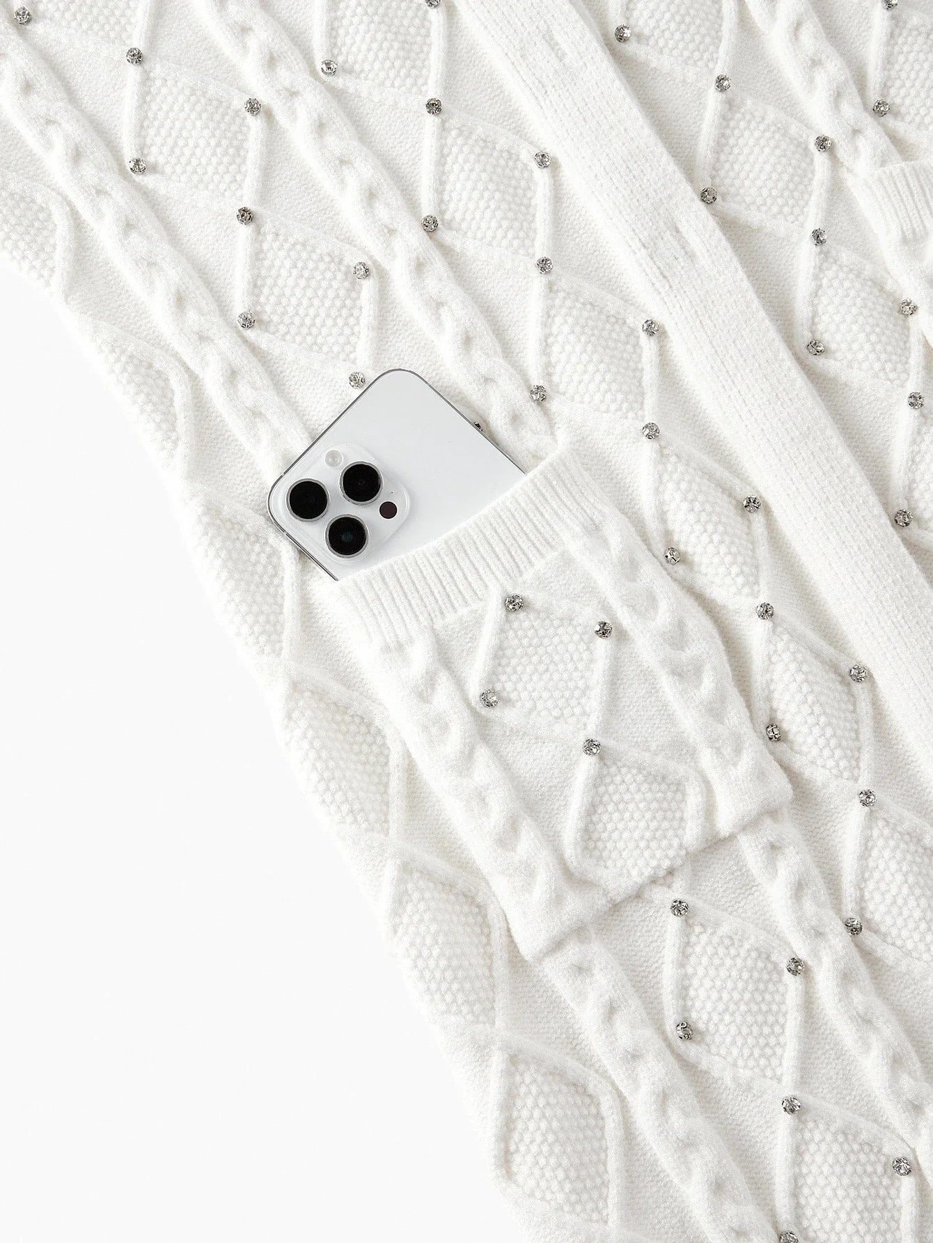 PREMIUM WOMENS FUR COLLAR RHINESTONE KNITTED BELTED CARDIGAN AUTUMNWINTER