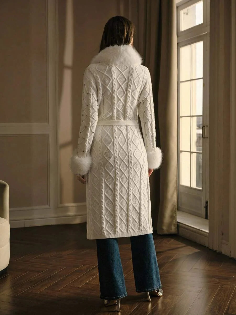 PREMIUM WOMENS FUR COLLAR RHINESTONE KNITTED BELTED CARDIGAN AUTUMNWINTER