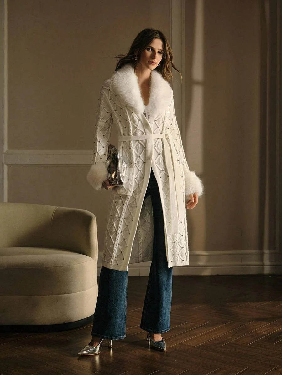 PREMIUM WOMENS FUR COLLAR RHINESTONE KNITTED BELTED CARDIGAN AUTUMNWINTER