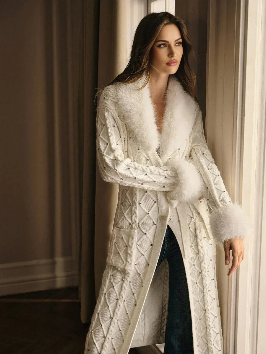 PREMIUM WOMENS FUR COLLAR RHINESTONE KNITTED BELTED CARDIGAN AUTUMNWINTER