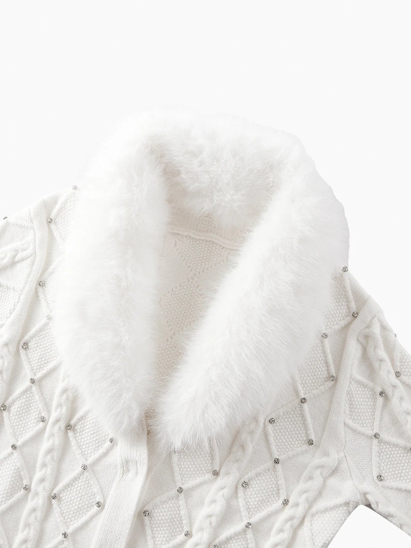 PREMIUM WOMENS FUR COLLAR RHINESTONE KNITTED BELTED CARDIGAN AUTUMNWINTER