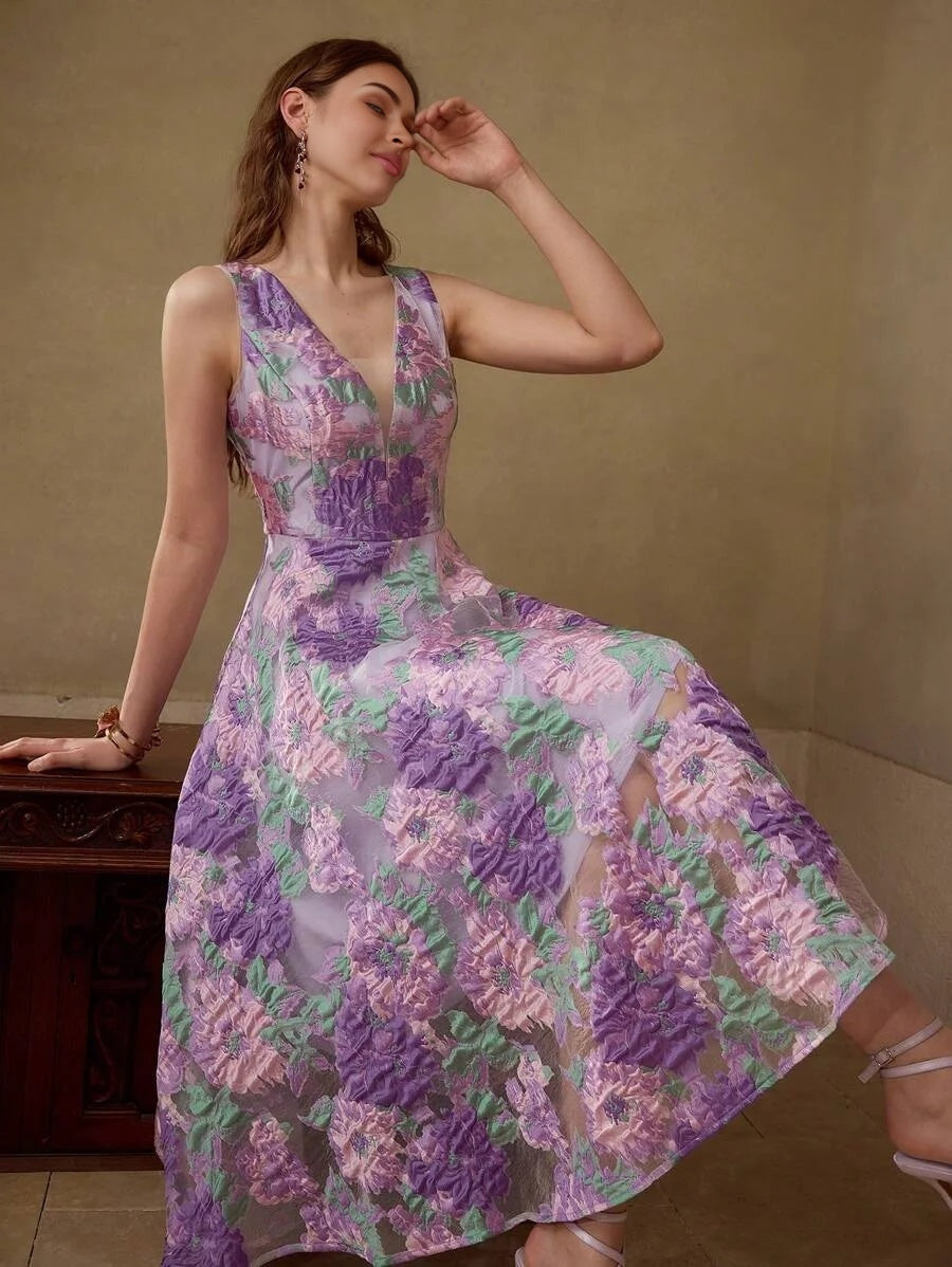 PREMIUM WOMENS JACQUARD DEEP VNECK MIDLENGTH DRESS SUMMER