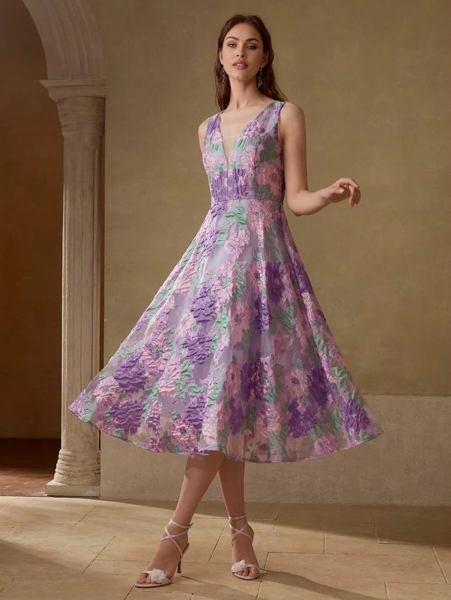 PREMIUM WOMENS JACQUARD DEEP VNECK MIDLENGTH DRESS SUMMER