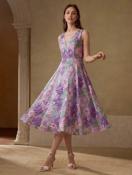 PREMIUM WOMENS JACQUARD DEEP VNECK MIDLENGTH DRESS SUMMER