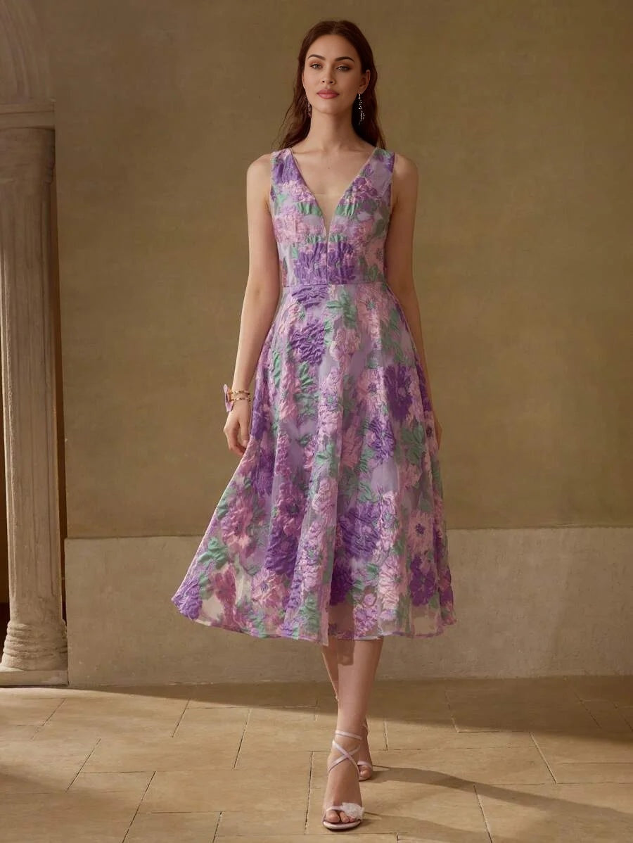 PREMIUM WOMENS JACQUARD DEEP VNECK MIDLENGTH DRESS SUMMER