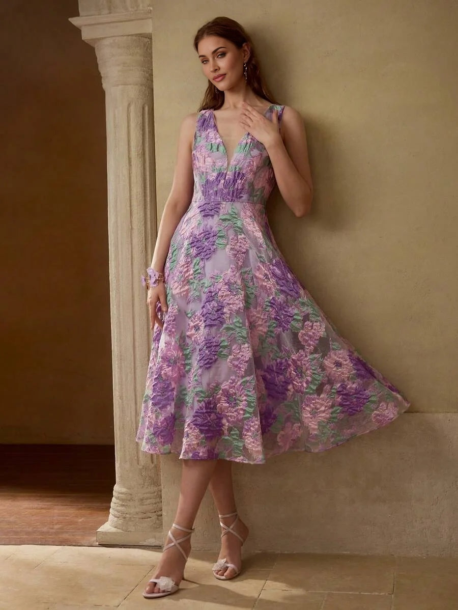 PREMIUM WOMENS JACQUARD DEEP VNECK MIDLENGTH DRESS SUMMER