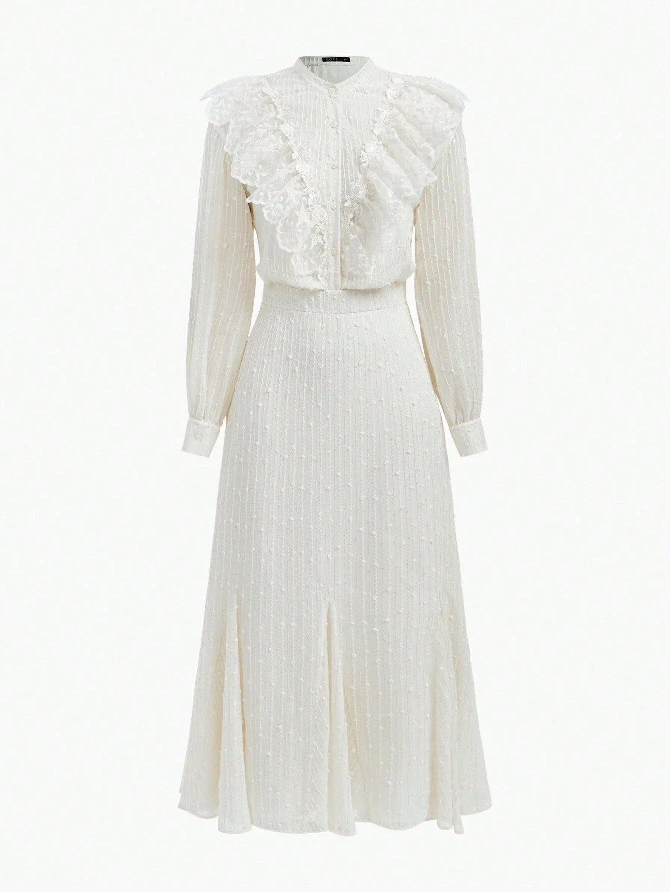 PREMIUM WOMENS JACQUARD LACE RUFFLE TRIM GODET HEM LONG DRESS