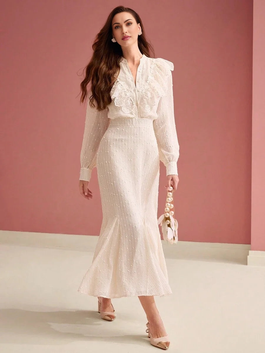 PREMIUM WOMENS JACQUARD LACE RUFFLE TRIM GODET HEM LONG DRESS