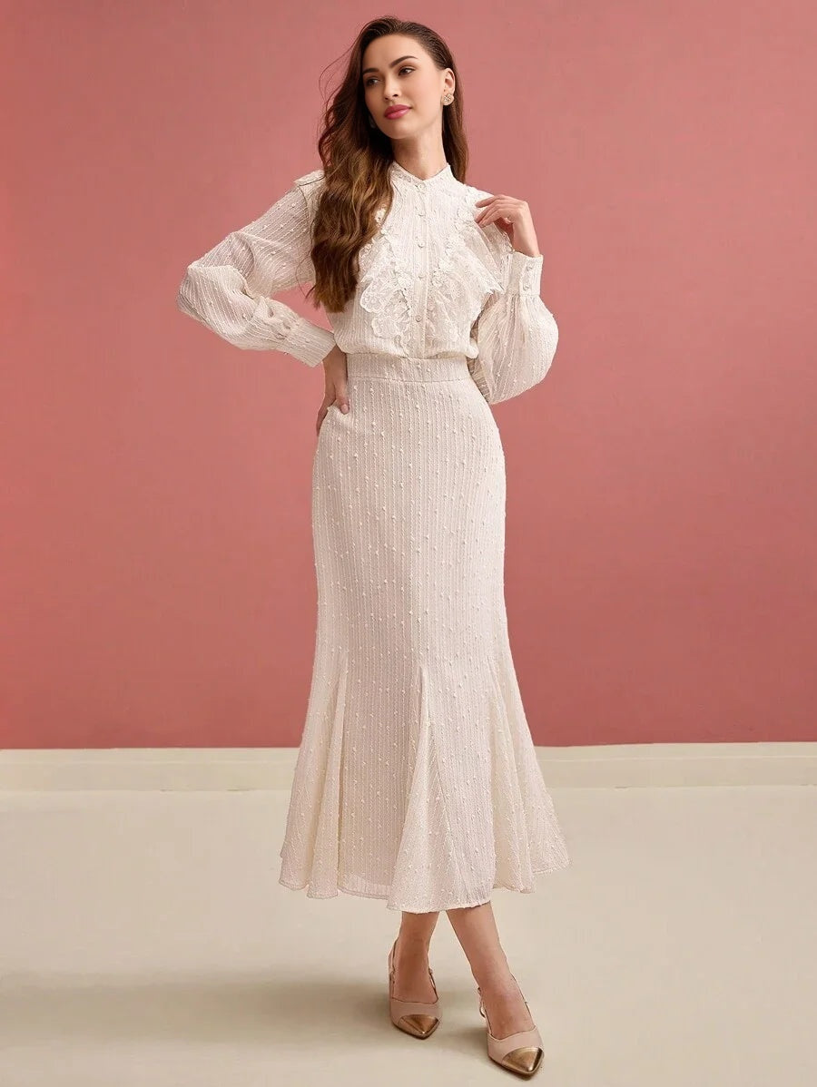 PREMIUM WOMENS JACQUARD LACE RUFFLE TRIM GODET HEM LONG DRESS