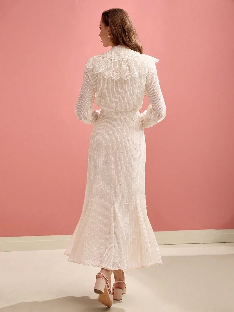 PREMIUM WOMENS JACQUARD LACE RUFFLE TRIM GODET HEM LONG DRESS