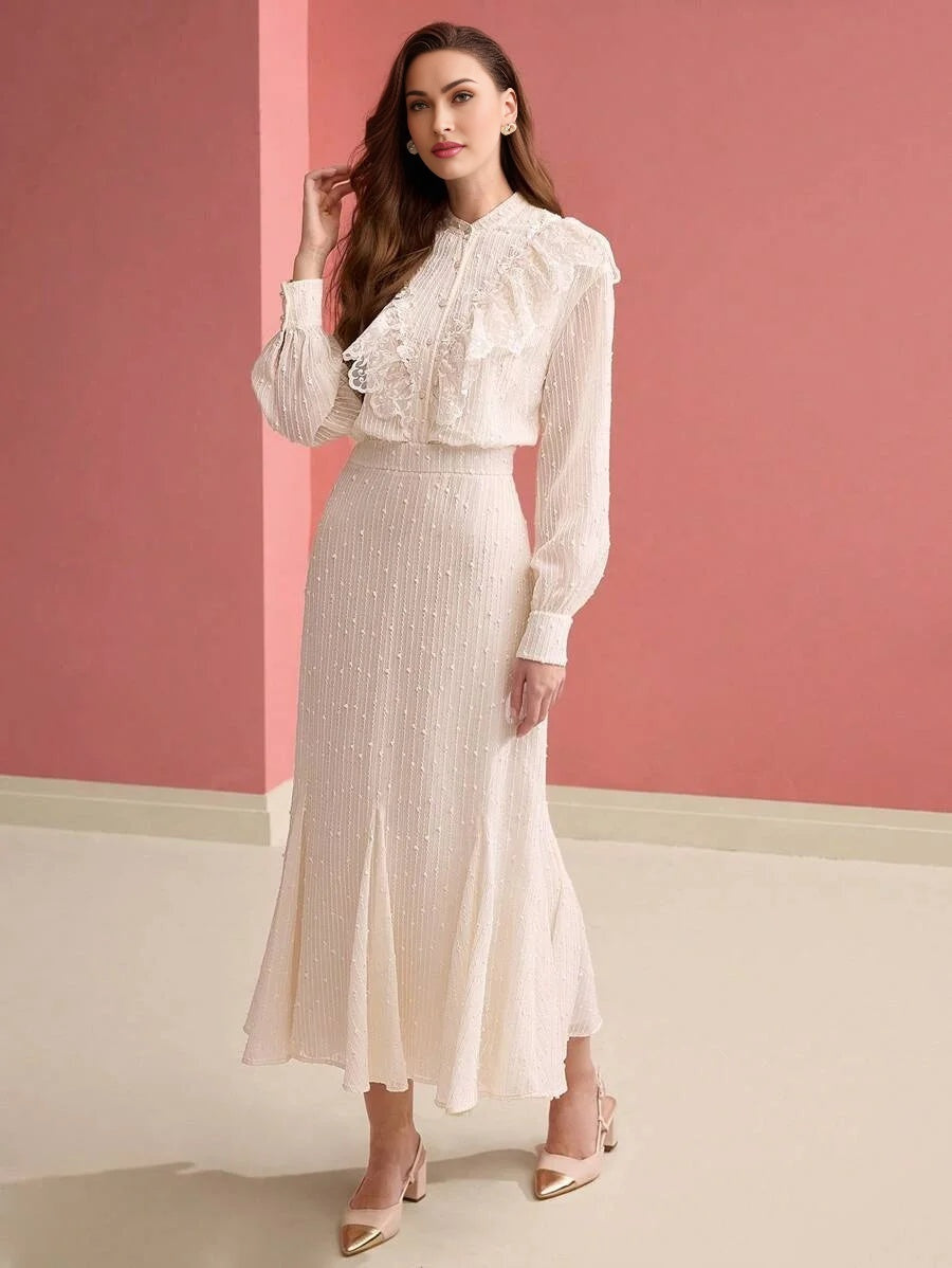 PREMIUM WOMENS JACQUARD LACE RUFFLE TRIM GODET HEM LONG DRESS