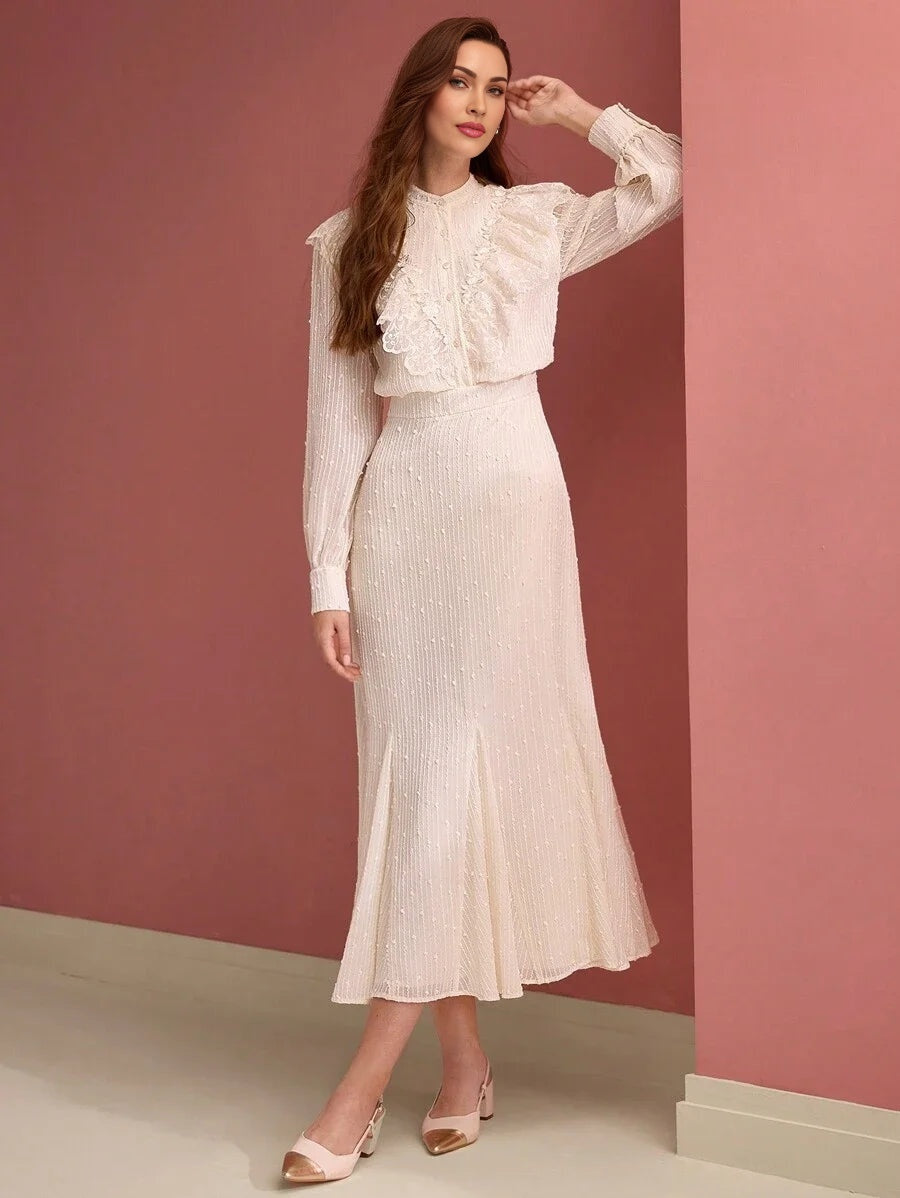 PREMIUM WOMENS JACQUARD LACE RUFFLE TRIM GODET HEM LONG DRESS