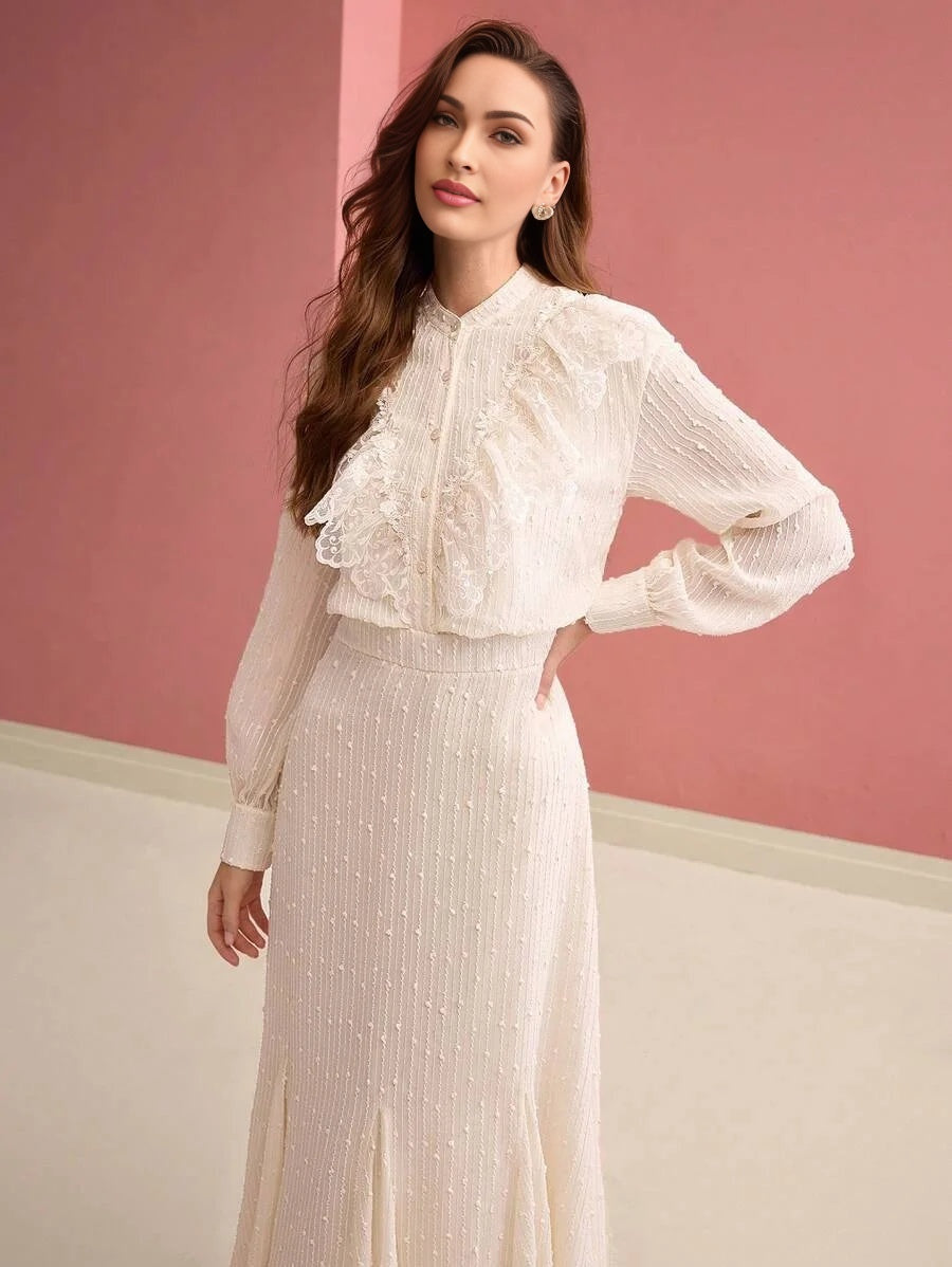 PREMIUM WOMENS JACQUARD LACE RUFFLE TRIM GODET HEM LONG DRESS