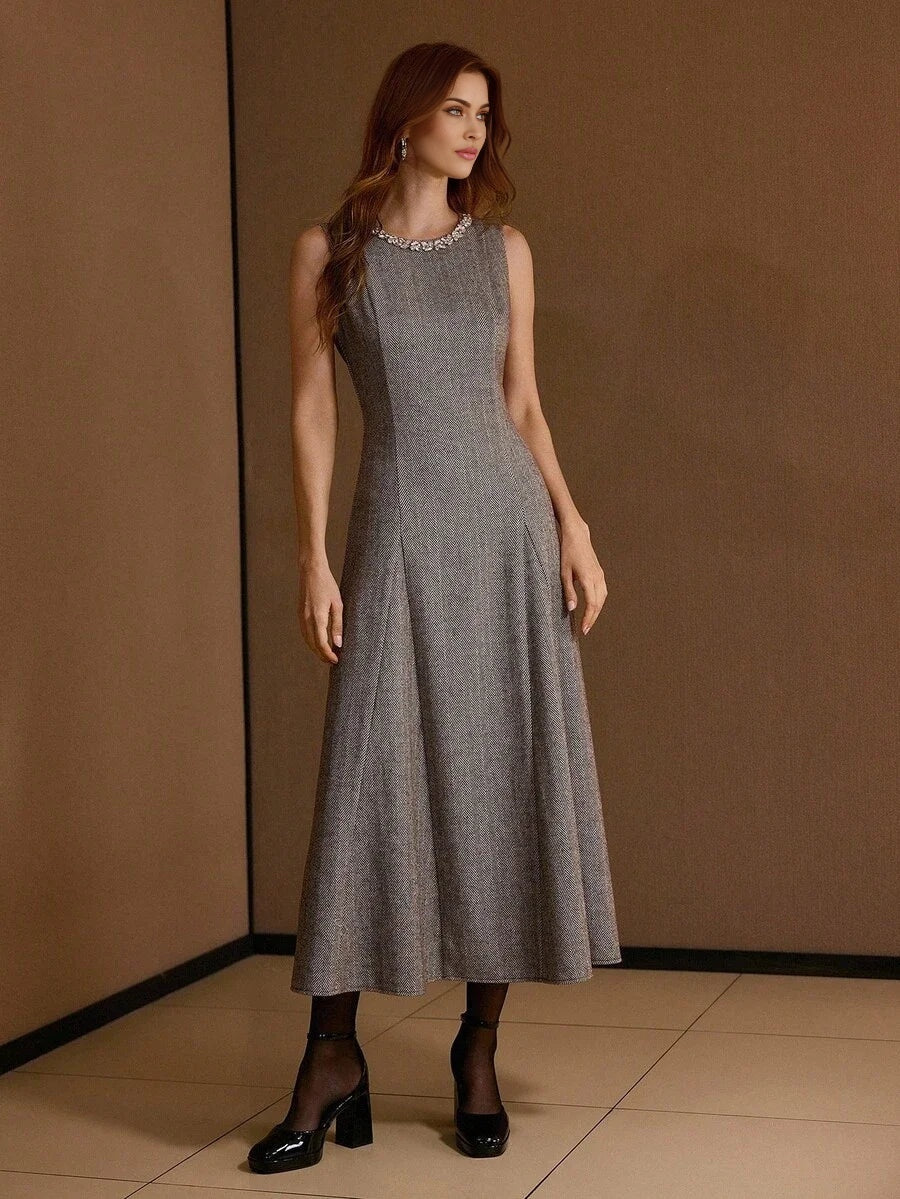 PREMIUM WOMENS JACQUARD SLEEVELESS WAIST GATHERED HEM DRESS AUTUMNWINTER