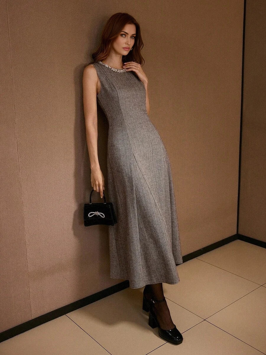 PREMIUM WOMENS JACQUARD SLEEVELESS WAIST GATHERED HEM DRESS AUTUMNWINTER