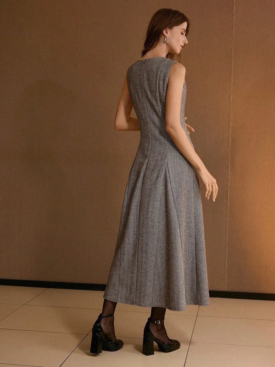 PREMIUM WOMENS JACQUARD SLEEVELESS WAIST GATHERED HEM DRESS AUTUMNWINTER