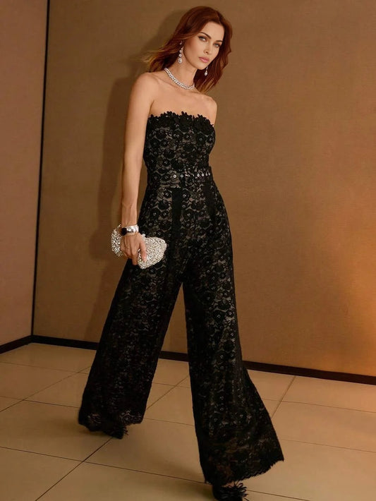 PREMIUM WOMENS LACE FLORAL EMBROIDERED BANDEAU WIDE LEG JUMPSUIT