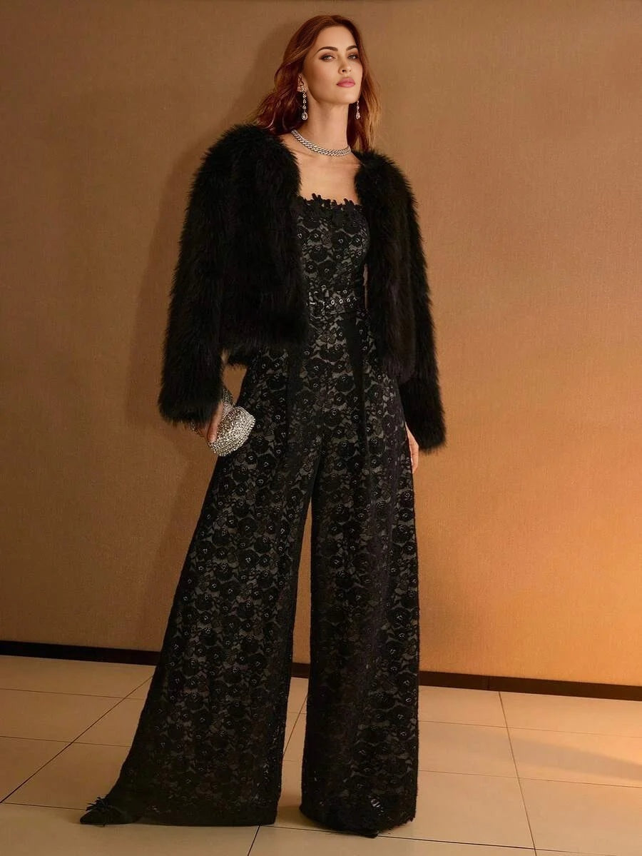 PREMIUM WOMENS LACE FLORAL EMBROIDERED BANDEAU WIDE LEG JUMPSUIT