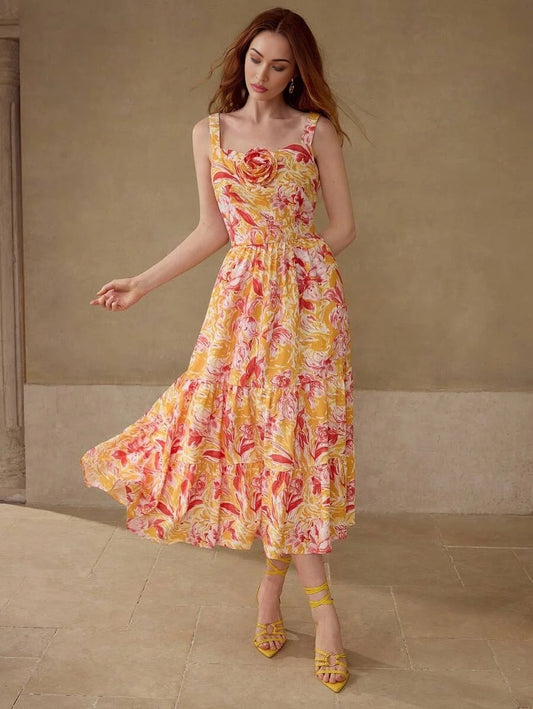 PREMIUM WOMENS LINEN FLOWER PRINT STEREO FLORAL GATHERED MIDI DRESS SUMMER VACATION DRESS