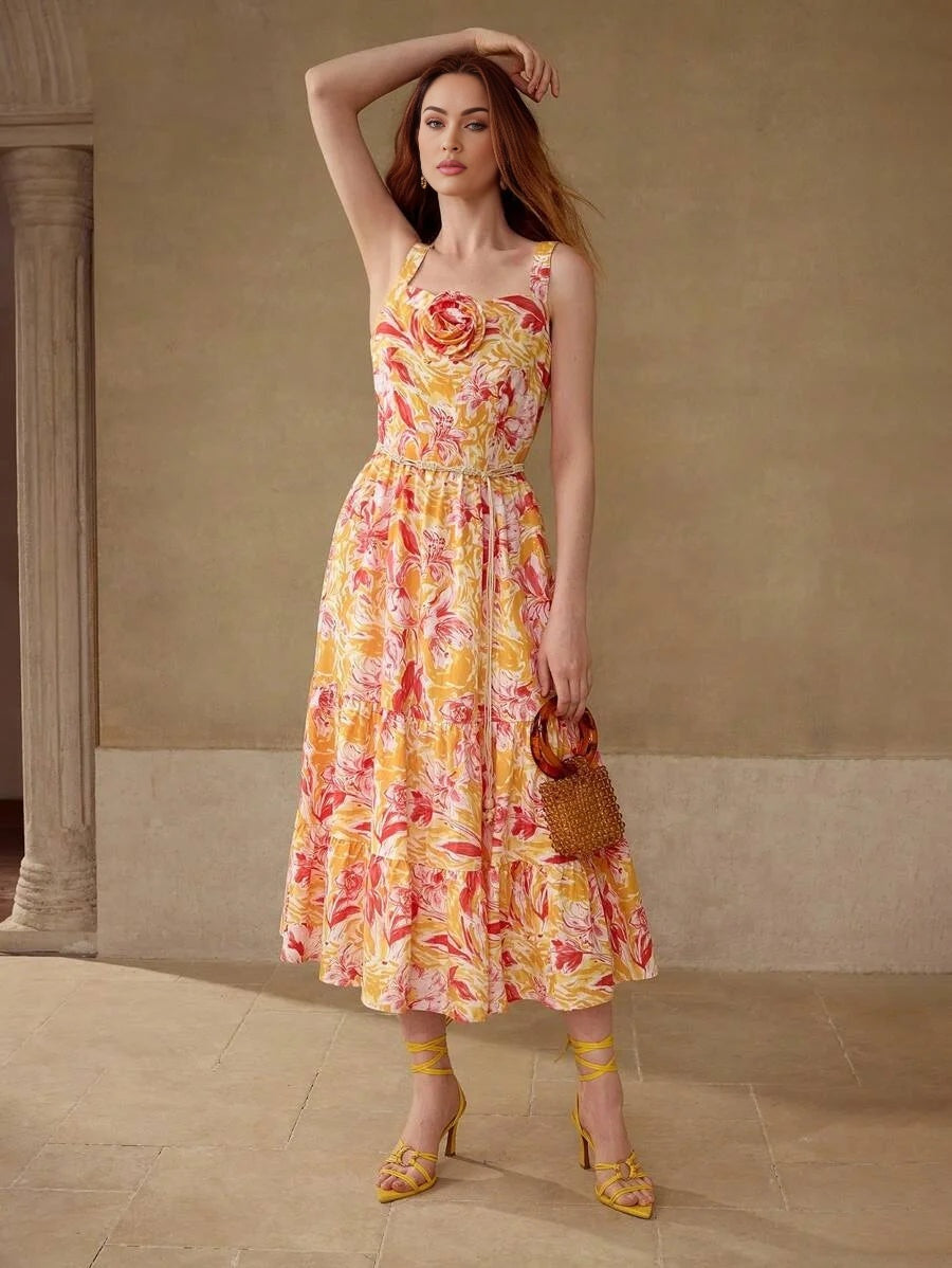 PREMIUM WOMENS LINEN FLOWER PRINT STEREO FLORAL GATHERED MIDI DRESS SUMMER VACATION DRESS