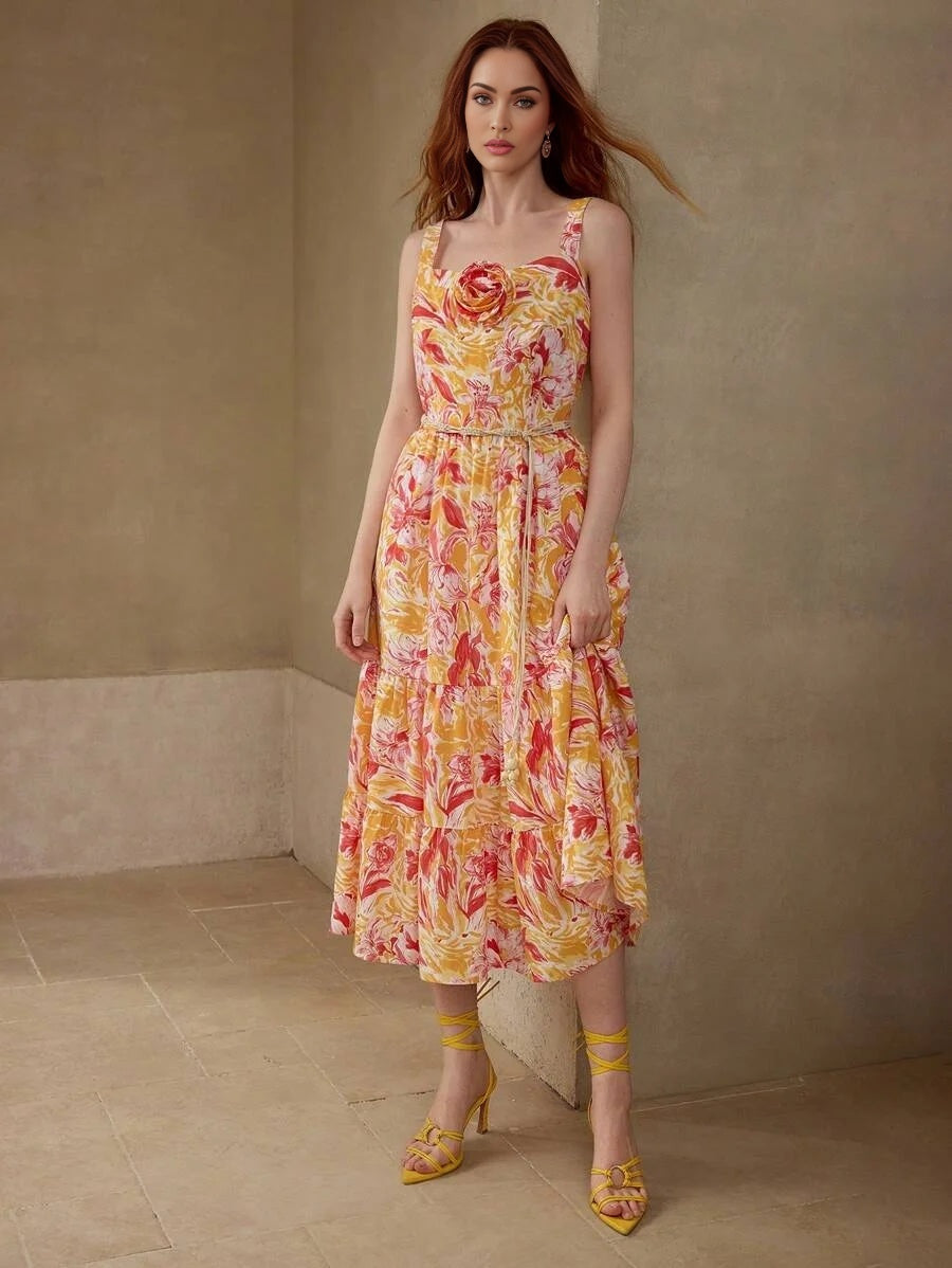 PREMIUM WOMENS LINEN FLOWER PRINT STEREO FLORAL GATHERED MIDI DRESS SUMMER VACATION DRESS