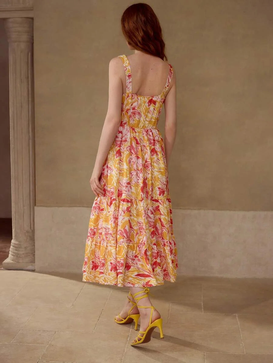 PREMIUM WOMENS LINEN FLOWER PRINT STEREO FLORAL GATHERED MIDI DRESS SUMMER VACATION DRESS