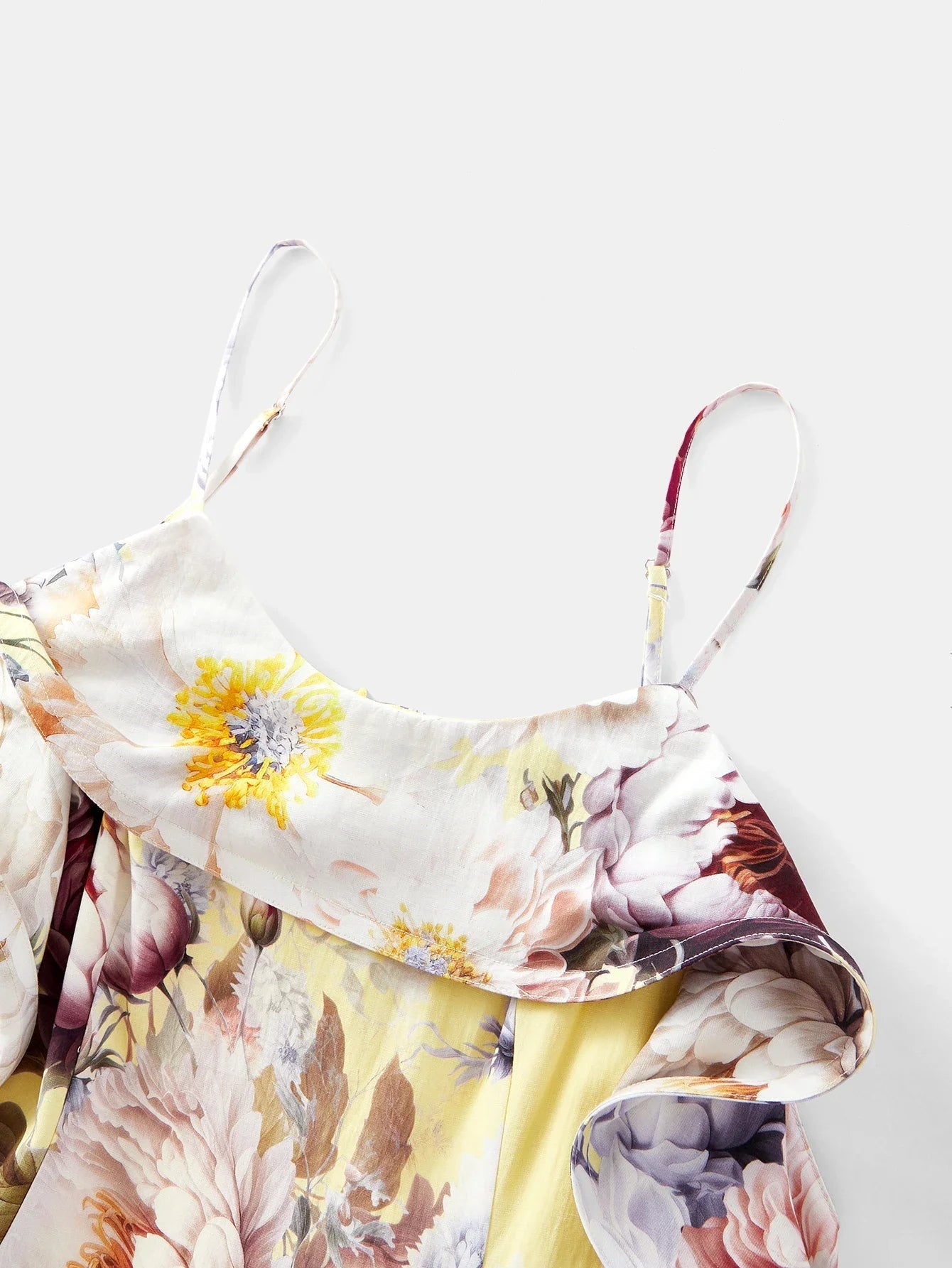 PREMIUM WOMENS LINEN ROMANTIC FLORAL PRINT LAYERED RUFFLE HEM DRESS