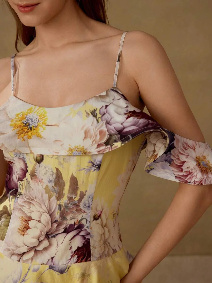 PREMIUM WOMENS LINEN ROMANTIC FLORAL PRINT LAYERED RUFFLE HEM DRESS