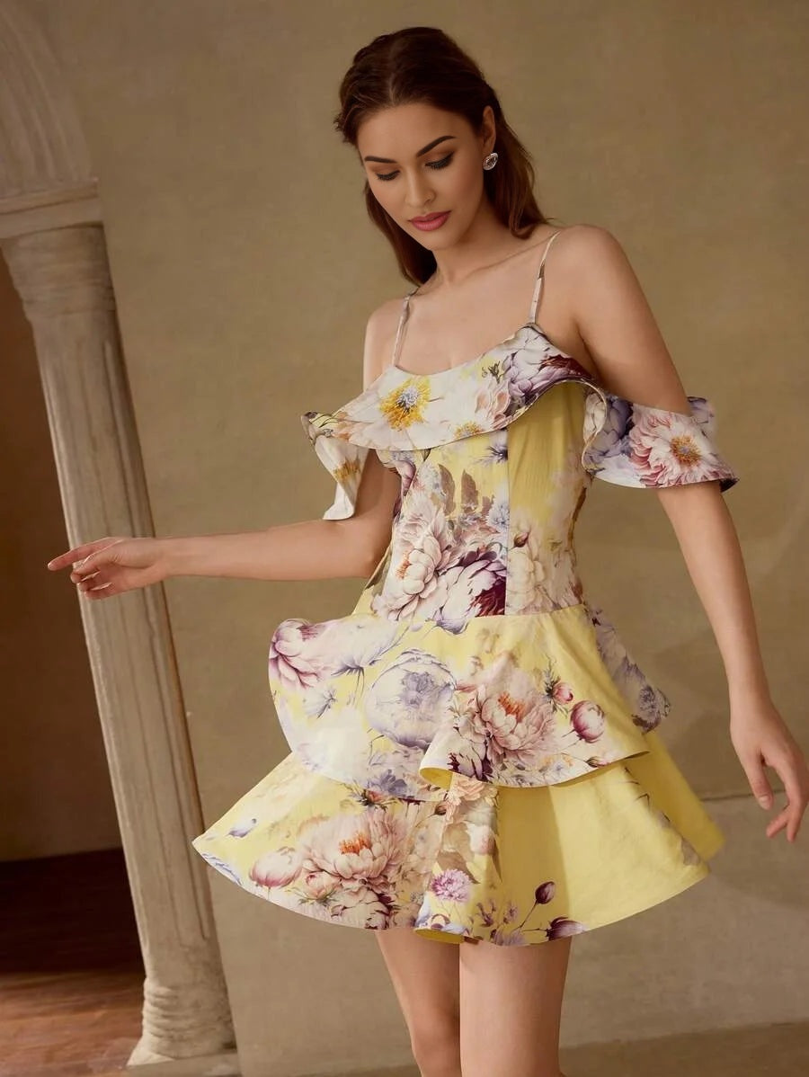 PREMIUM WOMENS LINEN ROMANTIC FLORAL PRINT LAYERED RUFFLE HEM DRESS