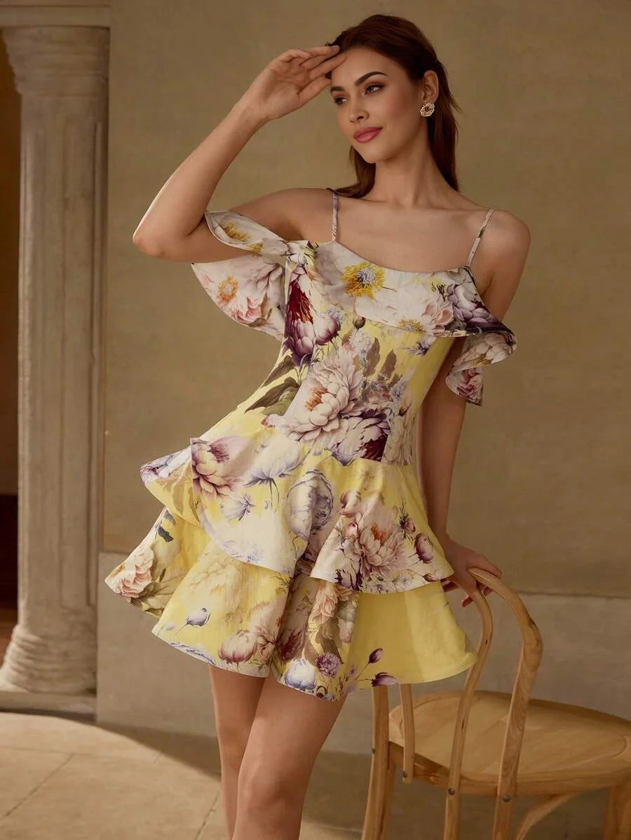 PREMIUM WOMENS LINEN ROMANTIC FLORAL PRINT LAYERED RUFFLE HEM DRESS