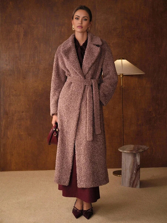 PREMIUM WOMENS LONG FAUX FUR CINCHED WAIST JACKET AUTUMNWINTER