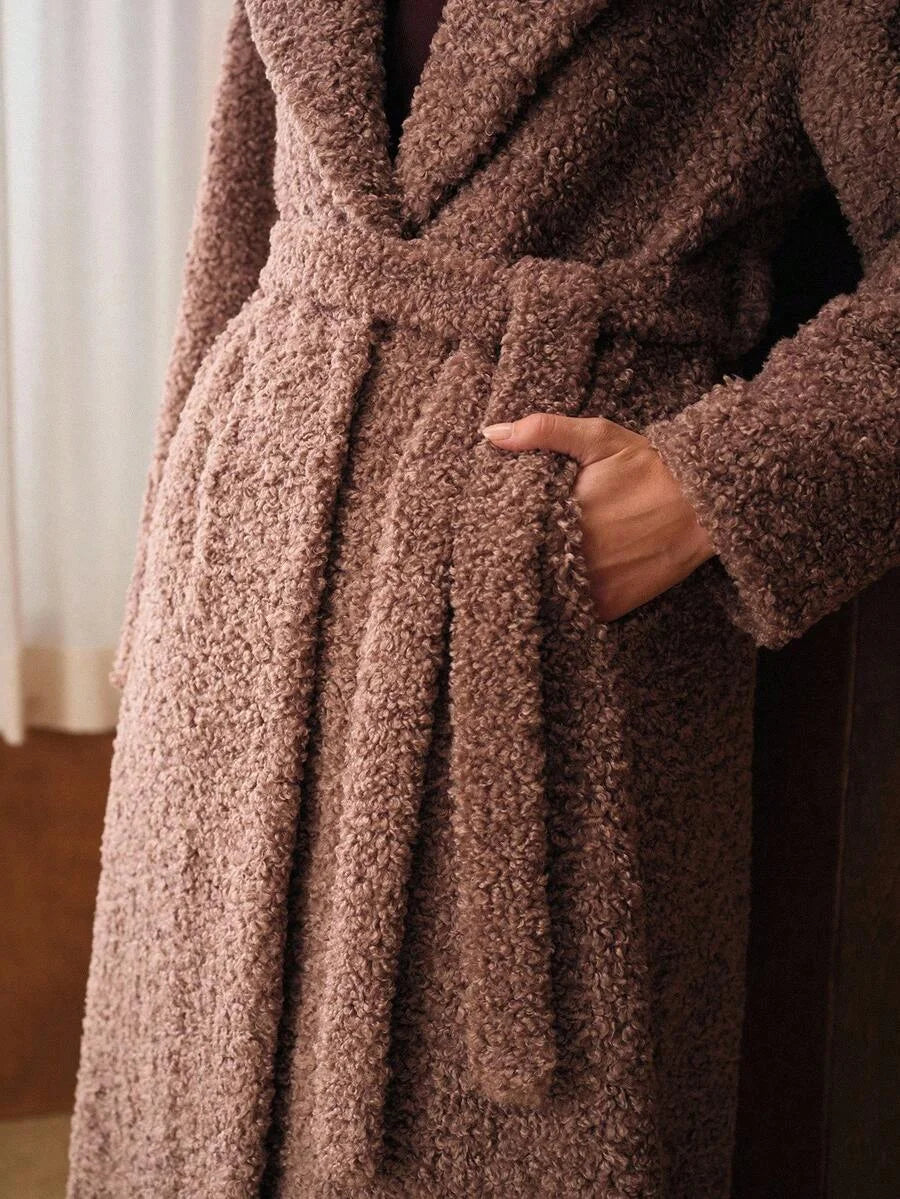 PREMIUM WOMENS LONG FAUX FUR CINCHED WAIST JACKET AUTUMNWINTER