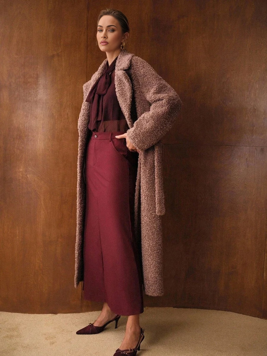 PREMIUM WOMENS LONG FAUX FUR CINCHED WAIST JACKET AUTUMNWINTER