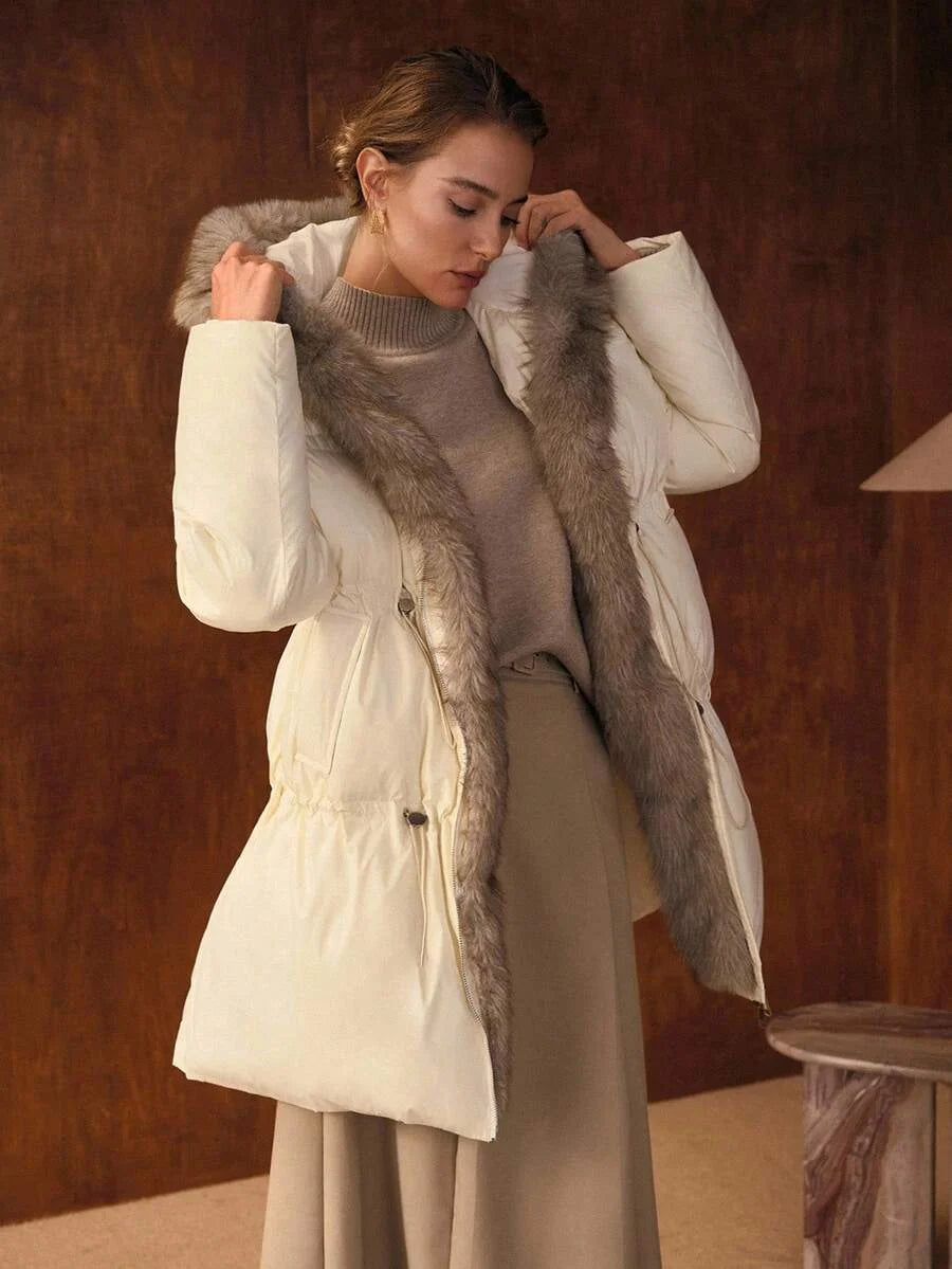 PREMIUM WOMENS LONG SLEEVE CONTRAST FURRY HOODED PADDED COAT AUTUMNWINTER