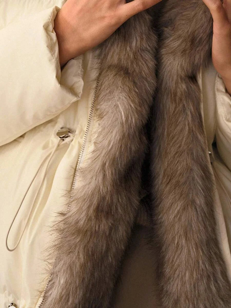 PREMIUM WOMENS LONG SLEEVE CONTRAST FURRY HOODED PADDED COAT AUTUMNWINTER