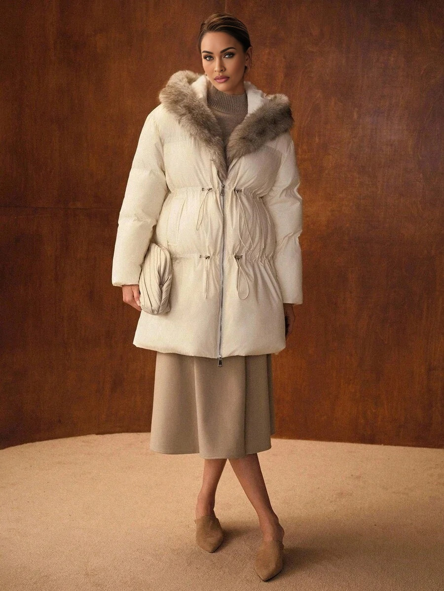 PREMIUM WOMENS LONG SLEEVE CONTRAST FURRY HOODED PADDED COAT AUTUMNWINTER