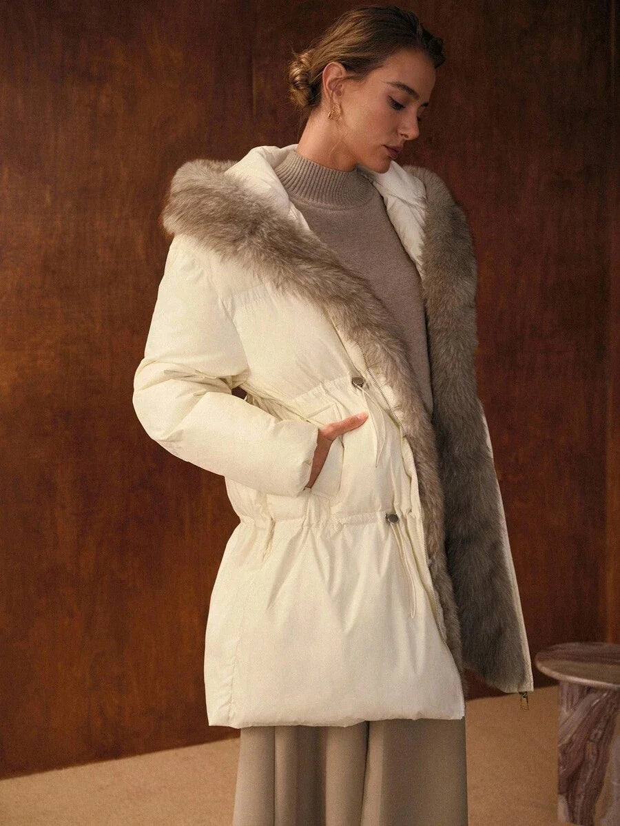 PREMIUM WOMENS LONG SLEEVE CONTRAST FURRY HOODED PADDED COAT AUTUMNWINTER