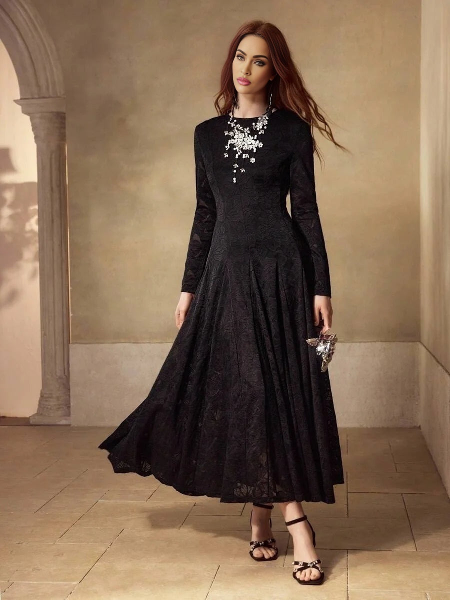 PREMIUM WOMENS LONG SLEEVE LACE EMBROIDERED CEREMONIAL DRESS