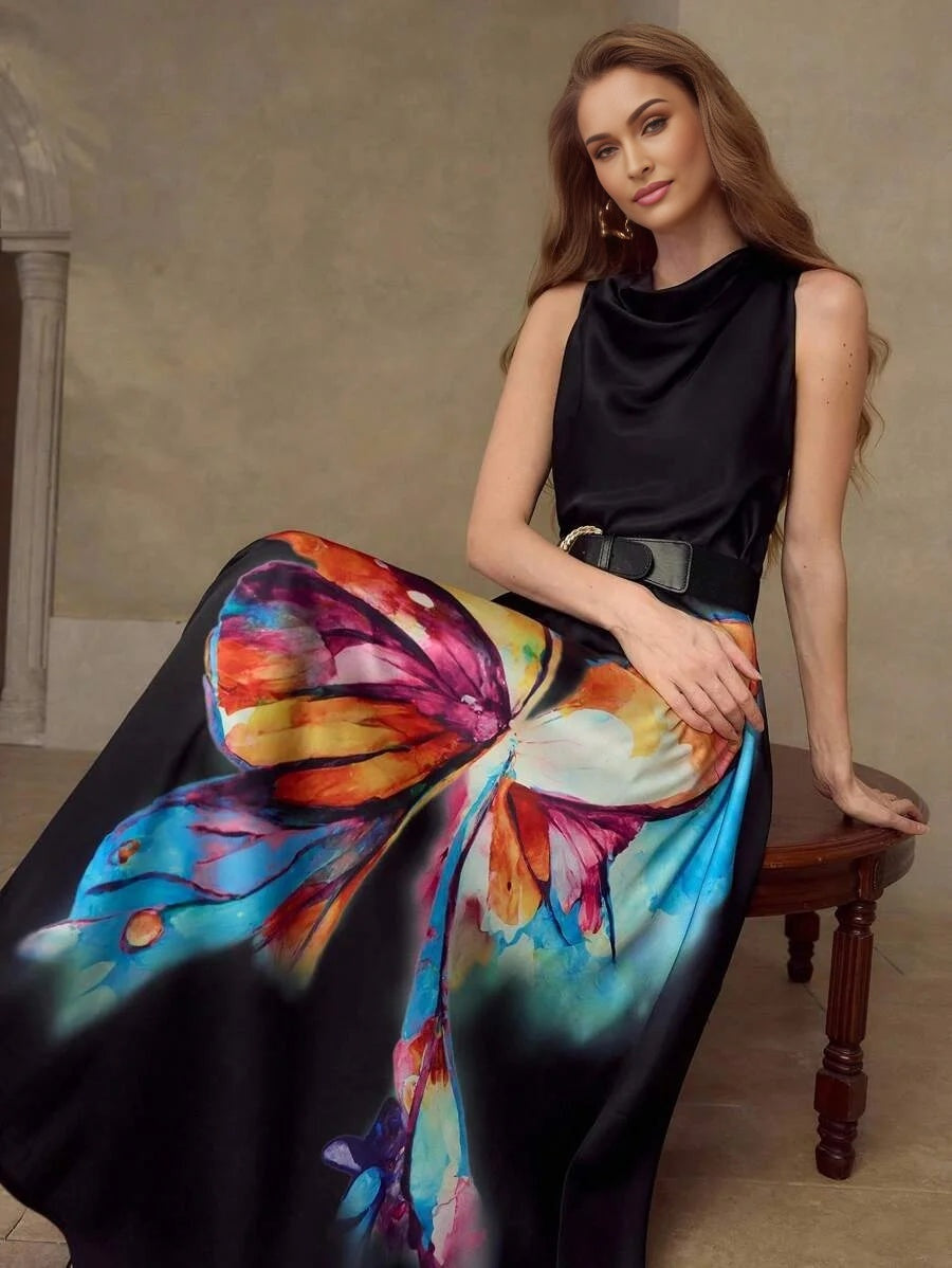 PREMIUM WOMENS MIDLENGTH BUTTERFLY PRINTED LOOSE COWL COLLAR DRESS WITHOUT BELT